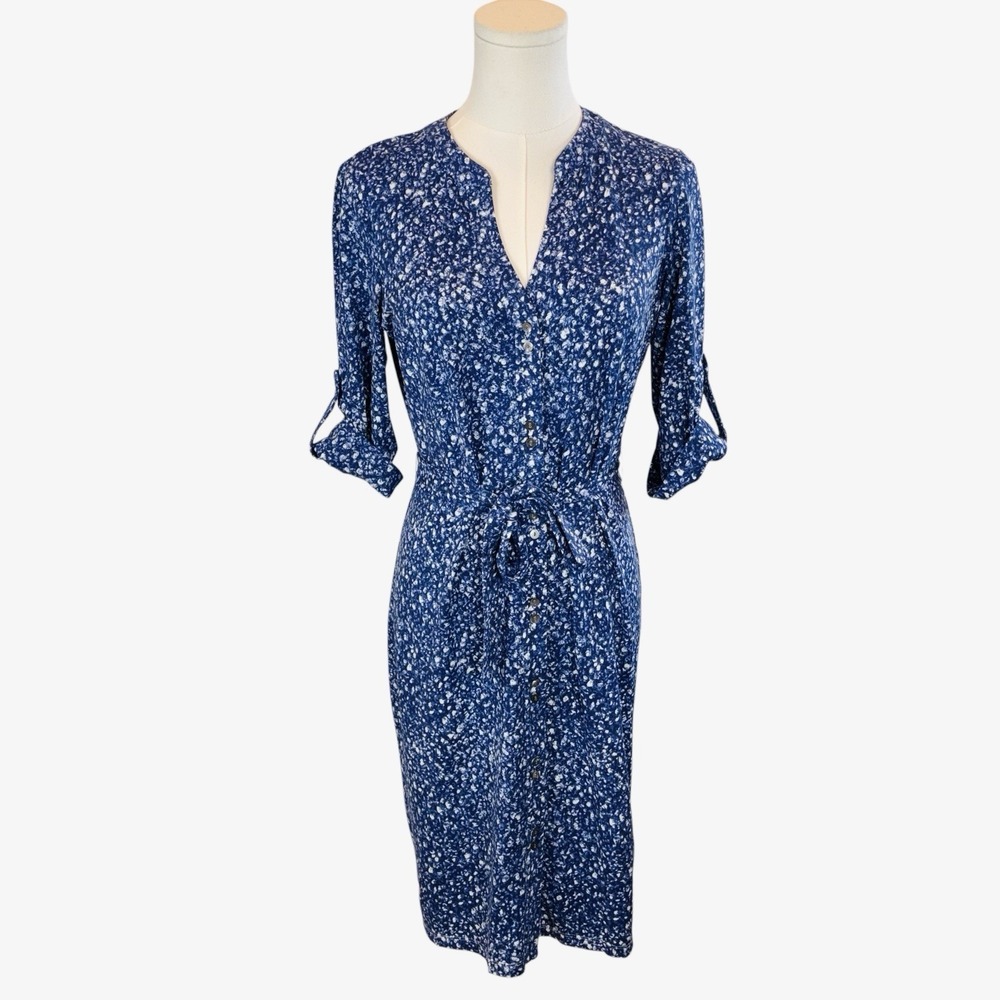 J McLaughlin Navy Catalina Cloth Button Front Dress Roll Tab Sleeve Sz XS